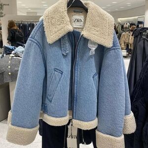 ZARA Faux Shearling Biker Denim Jacket. Oversized. Large.